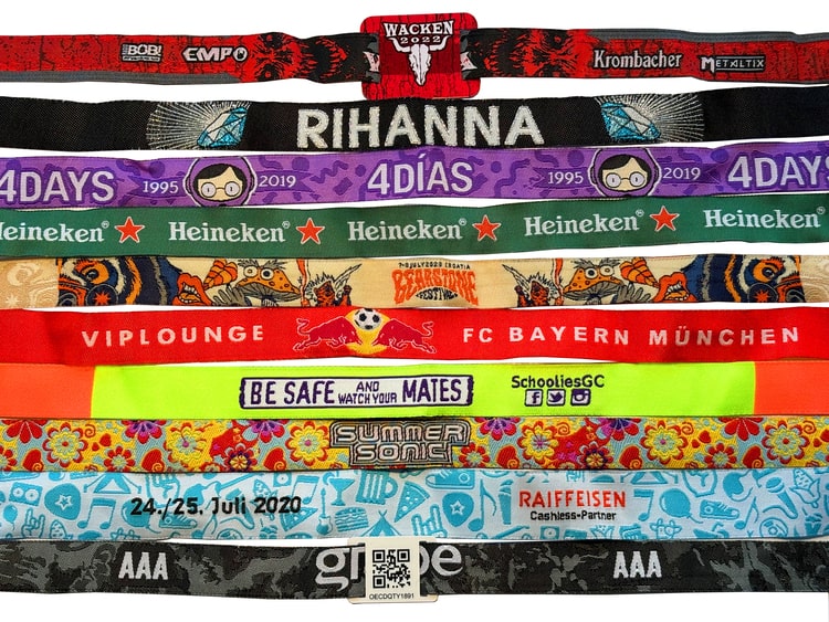 Pulseras de festival personalizadas con logotipos, textos, patrocinadores y diferentes colores